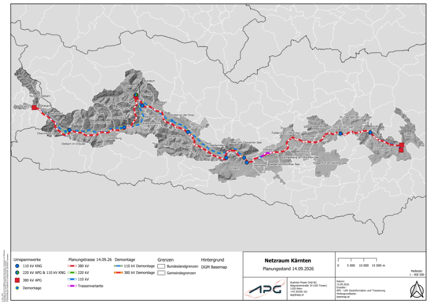 Planned route for the ‘Netzraum Kärnten’ project as at September 2026